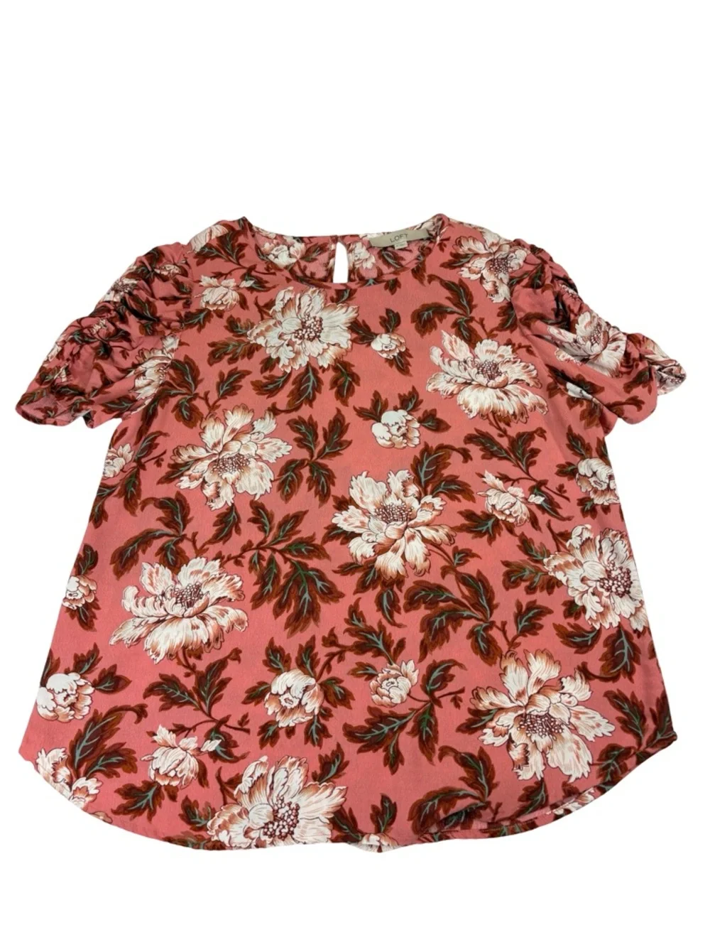 LOFT Floral Blouse Medium Pink Puff Sleeve Boho Cottagecore Top